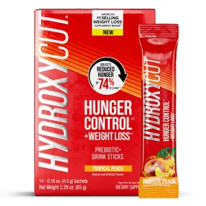 Hydroxycut Hunger Control and Weight Loss Prebiotic Powder Drink Sticks, Tropical Peach, 14 Count