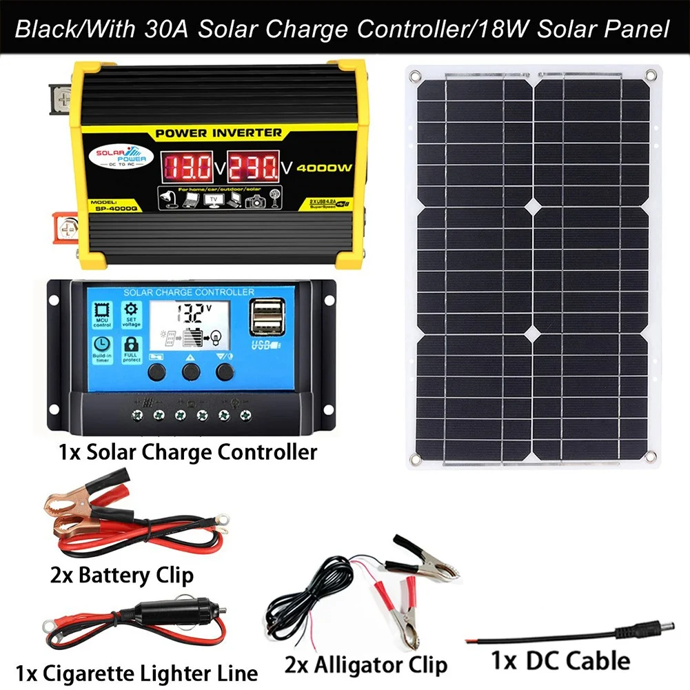 4000W 220V Solar Power Inverter With Lcd Display Dual Usb Ports For Car Home Rv Camping 12V To 110V Ac Outlet Solar Panel Kit Generator System Dc12-A110V